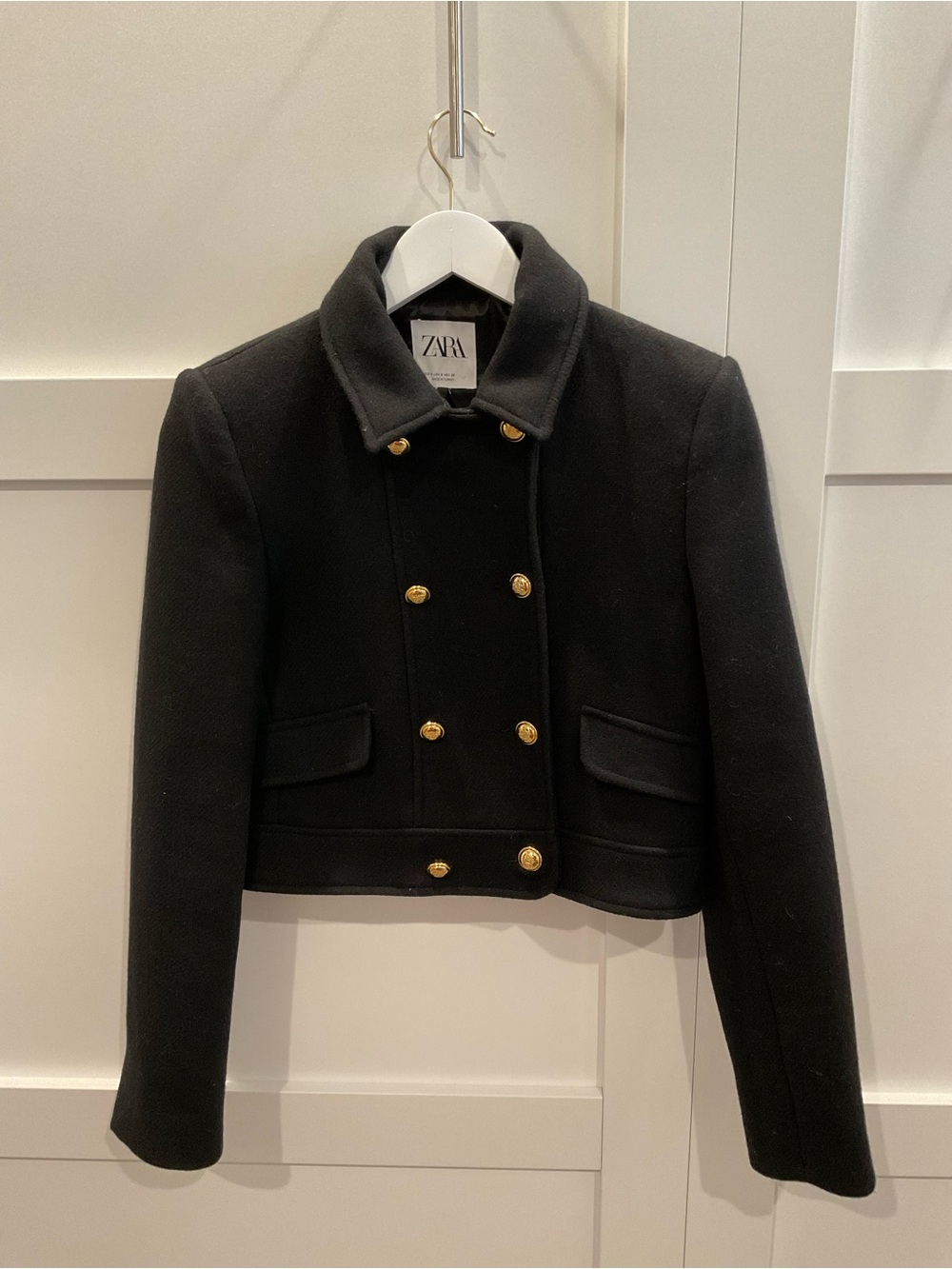Zara Black Double-Breasted Cropped Pea Coat with Gold Buttons